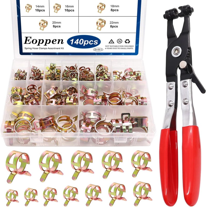 Eoppen 140Pcs 6-22mm Spring Band Hose Clamps Assortment Kit with Swivel Flat Band Fuel Hose Clamp Plier - 12 Sizes Fuel Line Silicone Vacuum Hose Low Pressure Air Clamps - Image 1